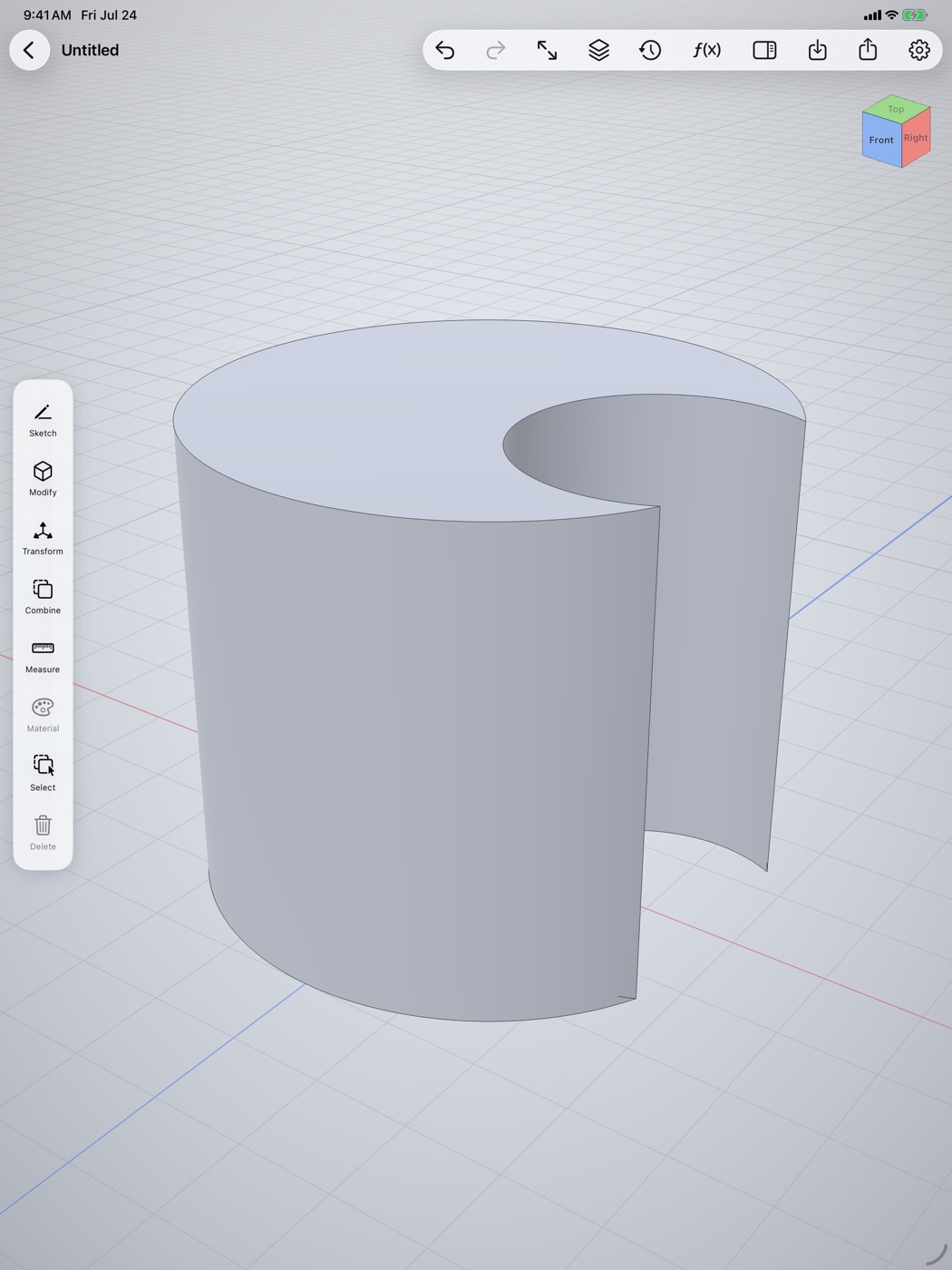 OpenShape3D on iPad showing a 3D solid with the modeling toolbar
